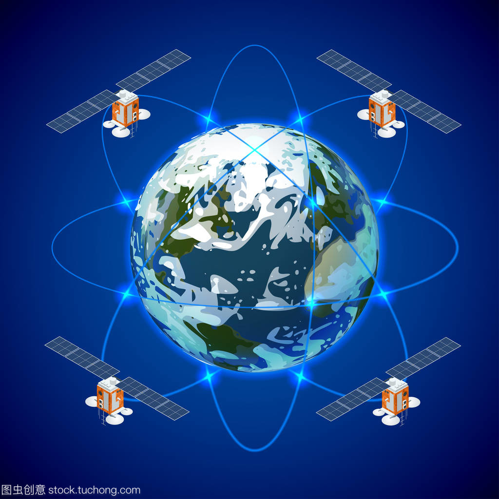 網(wǎng)絡(luò)和衛(wèi)星數(shù)據(jù)交換在行星地球在空間中。Gps 衛(wèi)星